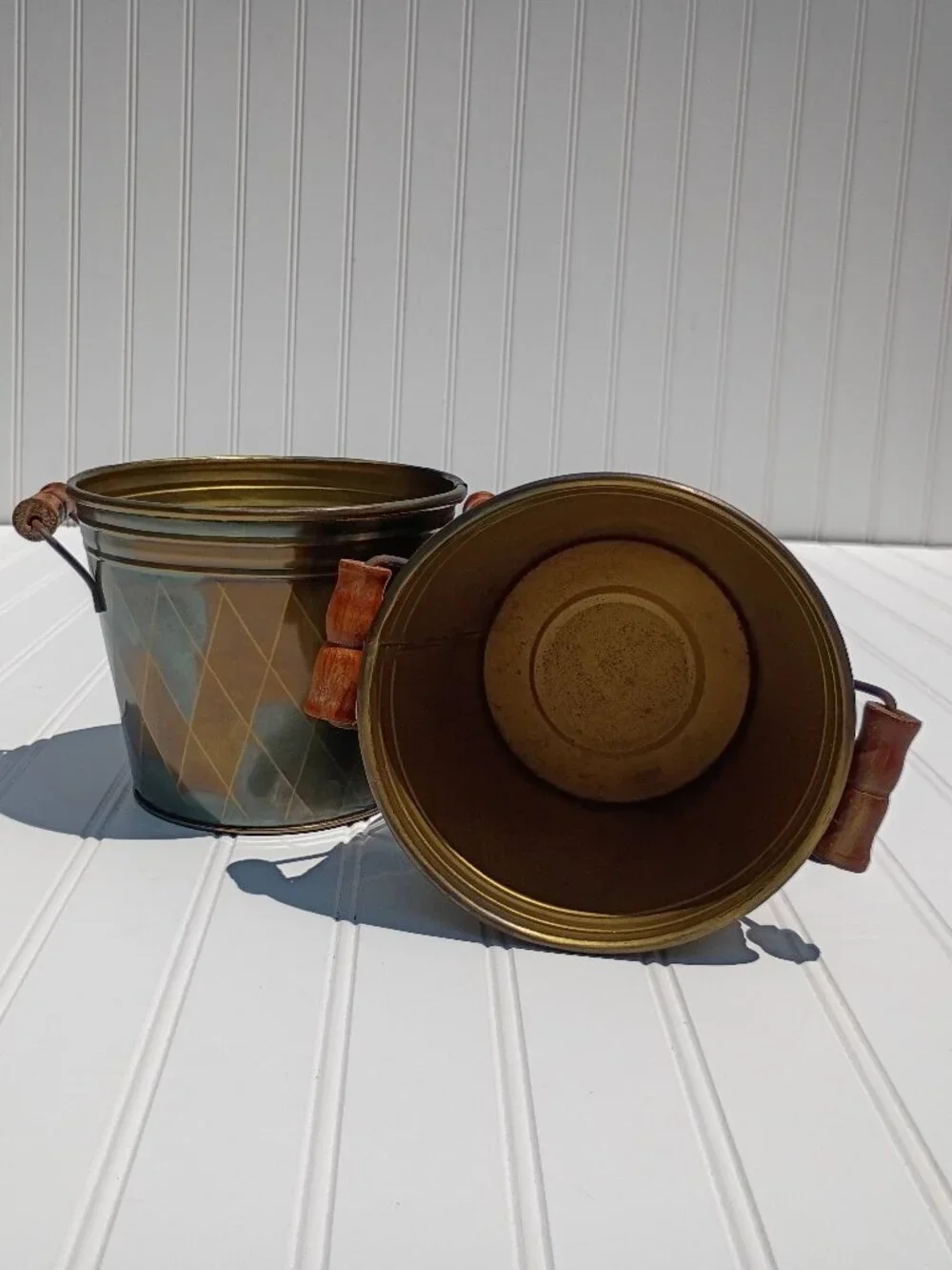 Vintage Brass Planters with Wooden Handles Set of 2 Diamond Pattern Pot Cachepot